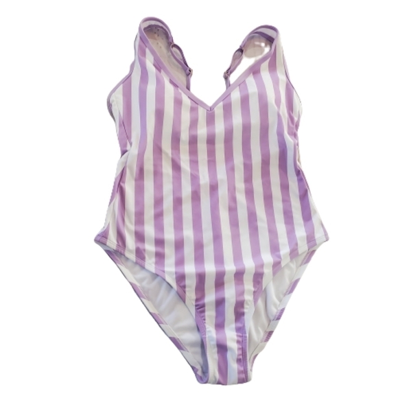 New No Tag Kona Sol Purple Striped V-neck One Piece High Leg Swimsuit Size Large - Picture 1 of 10